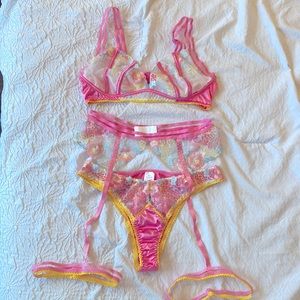 3pc Pink Embroidered Lingerie Set - NWOT